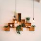 mur décoré avec des étagères, plantes et lampes