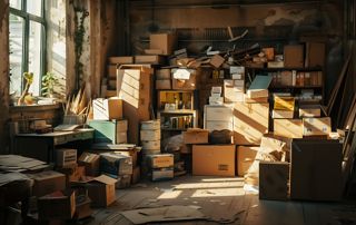 cartons dans une pièce encombrée